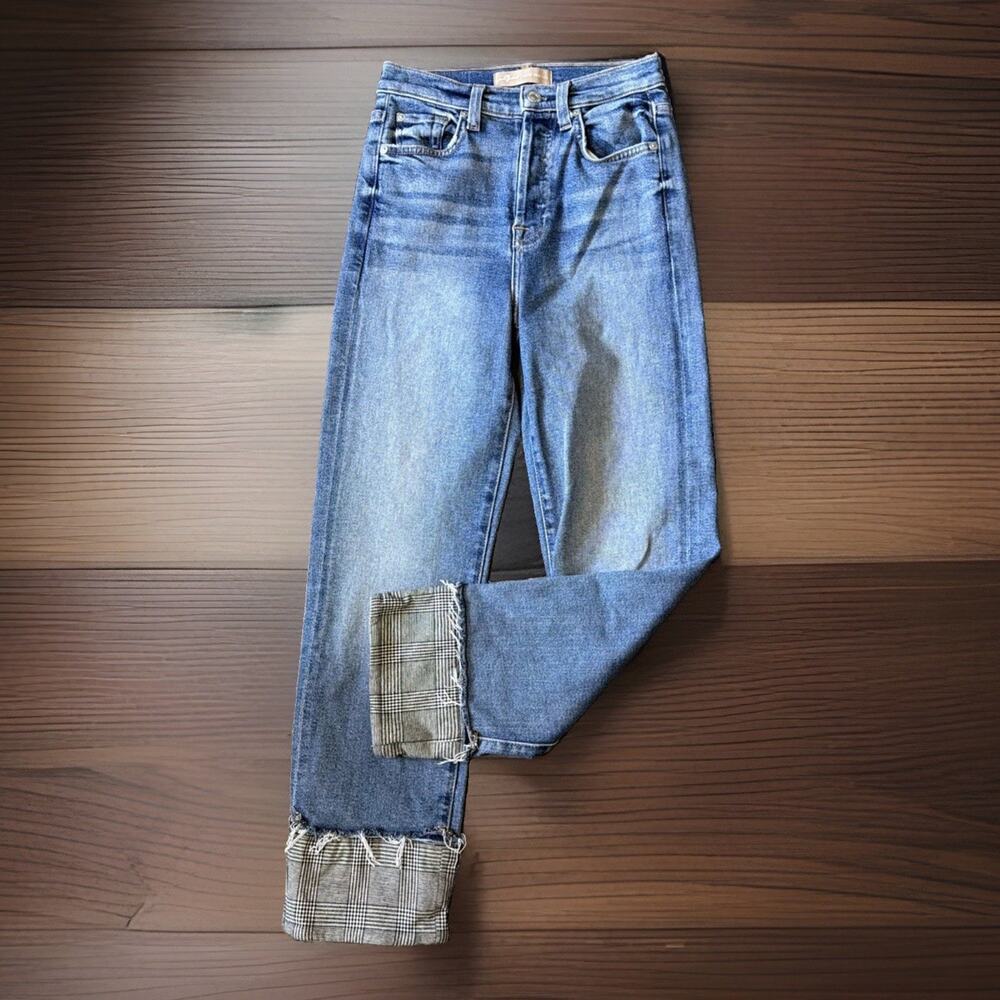 7 For All Mankind Sz 25 Luxe Vintage Jeans Plaid Cuff Straight Leg Preppy Grunge